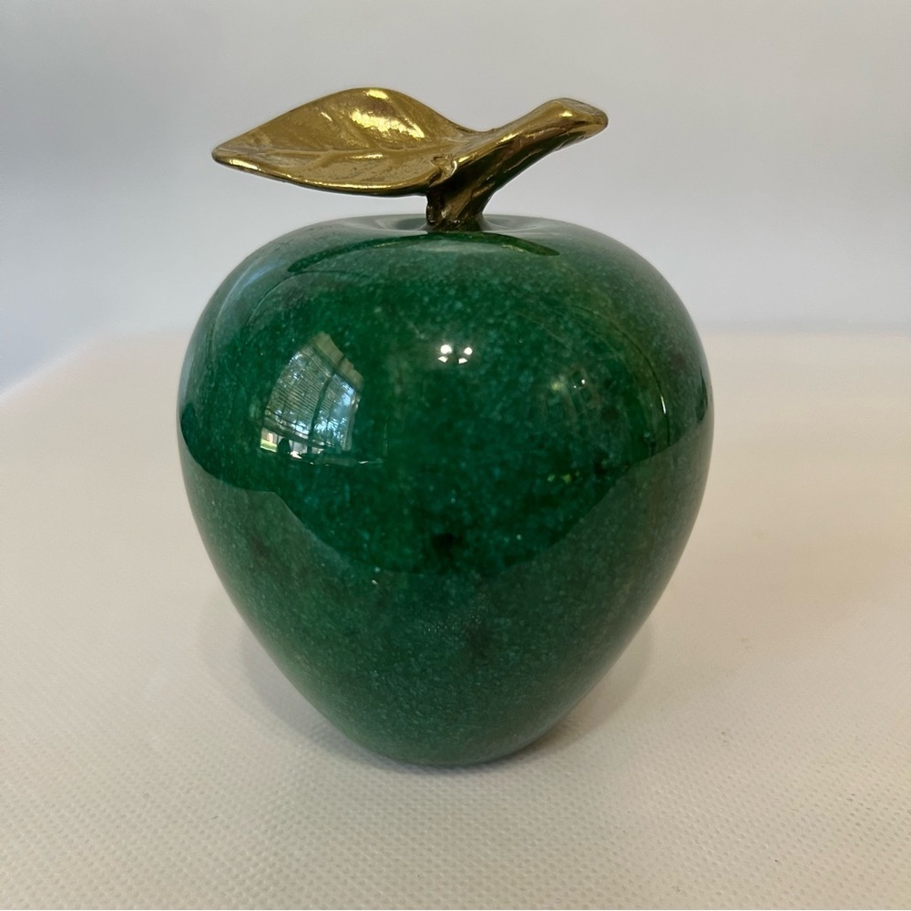 Vintage Marble Green Apple Brass Stem Paperweight